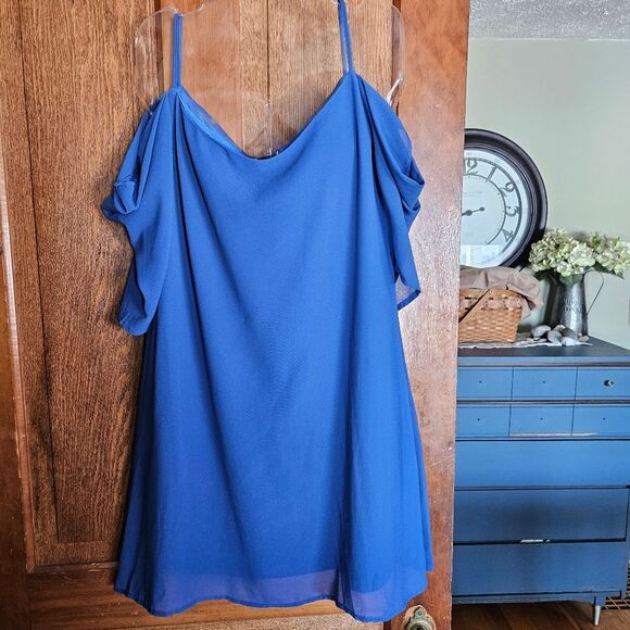 Deep Blue Cold Shoulder Dress Women's M Elegant Stretchy Party Wedding Guest EUC - Picture 1 of 9
